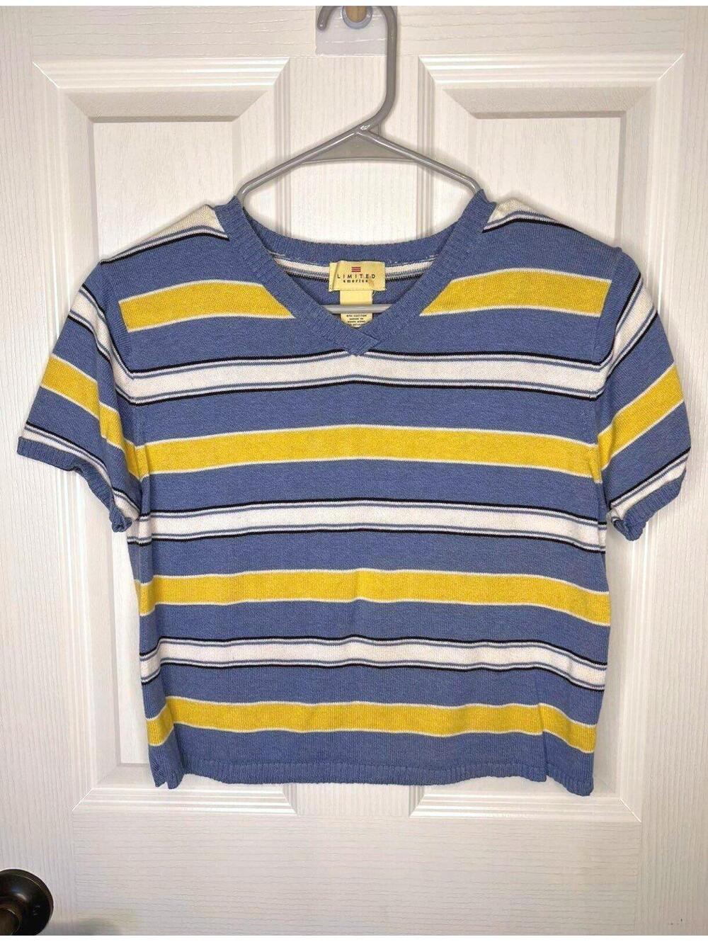 Vintage 90s Limited V-Neck Striped Short Sleeve Sweater Top